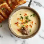 A creamy bowl of Cheesesteak Potato Soup topped with shredded cheddar cheese, chopped green onions, and crispy bacon bits. The soup is served in a rustic white bowl placed on a wooden table with a spoon to the side, highlighting its rich, cheesy texture and hearty ingredients visible through the smooth surface.