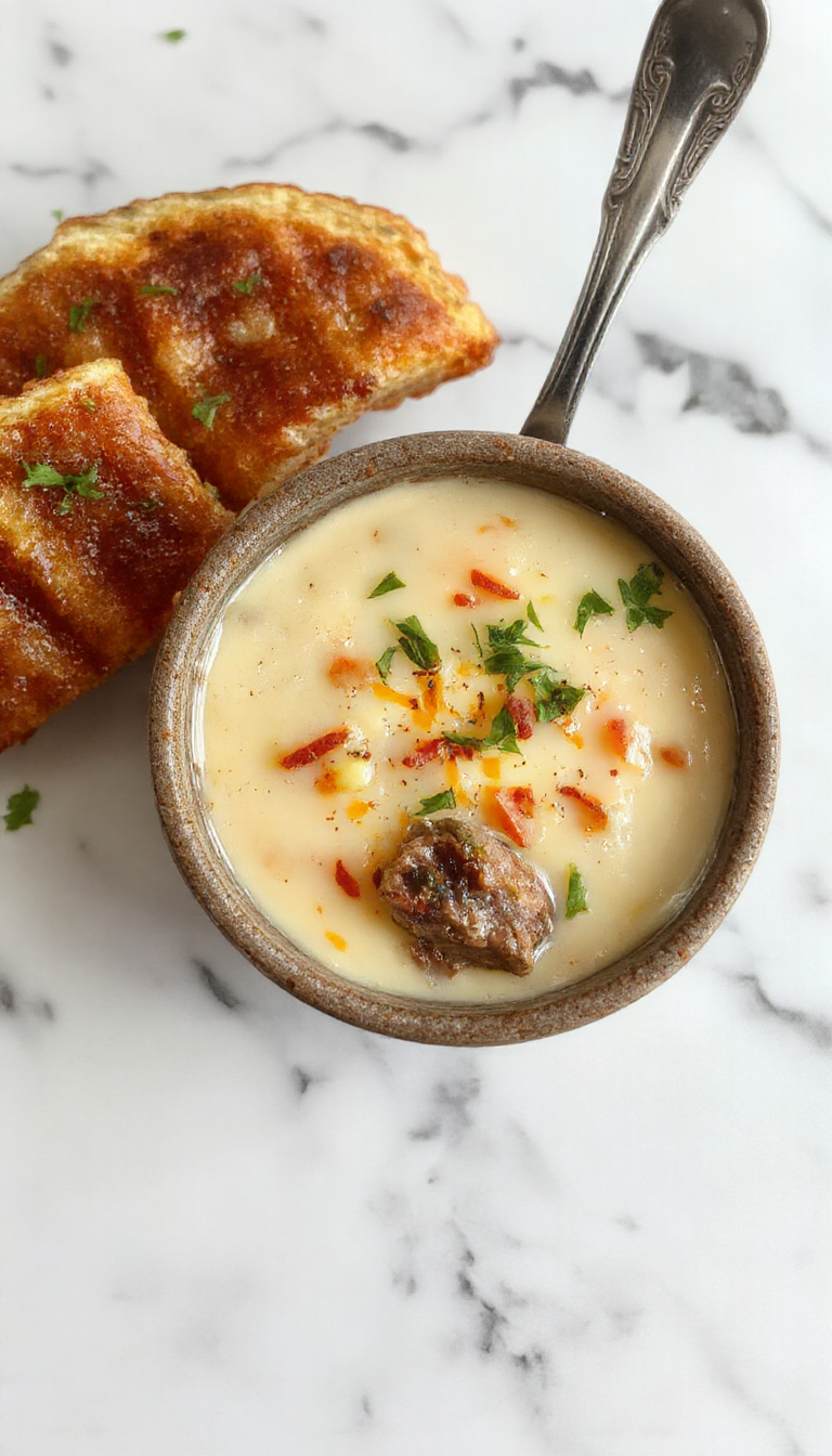 A creamy bowl of Cheesesteak Potato Soup topped with shredded cheddar cheese, chopped green onions, and crispy bacon bits. The soup is served in a rustic white bowl placed on a wooden table with a spoon to the side, highlighting its rich, cheesy texture and hearty ingredients visible through the smooth surface.