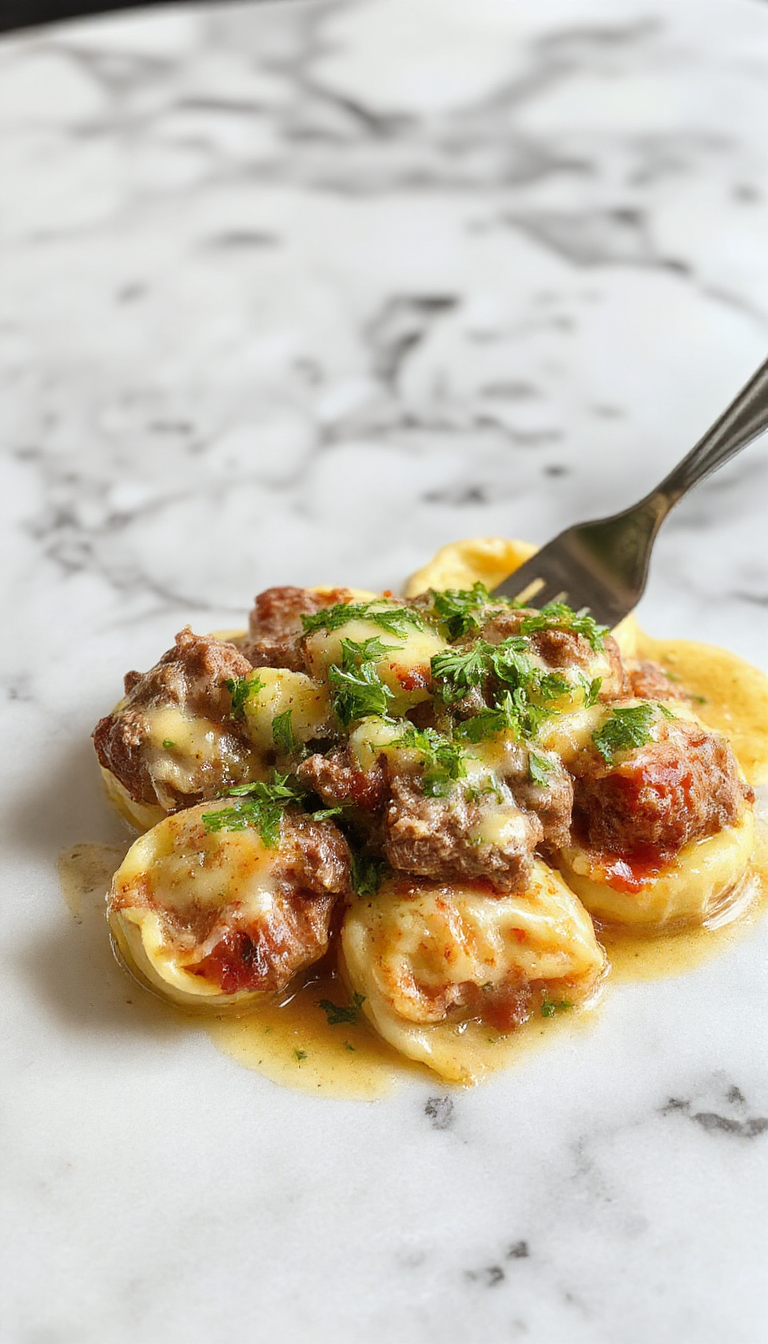 Cheesesteak Tortellini in Creamy Provolone Sauce