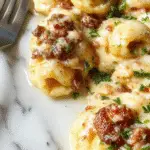 A close-up of a white plate featuring cheesy cheesesteak tortellini coated in a creamy, velvety provolone sauce. The tortellini are golden and plump, topped with freshly chopped herbs and melted cheese with hints of browned edges. The dish is presented with a rustic wooden spoon resting beside it, and a sprig of parsley adds a touch of green, all set against a blurred background emphasizing the rich textures and vibrant flavors.