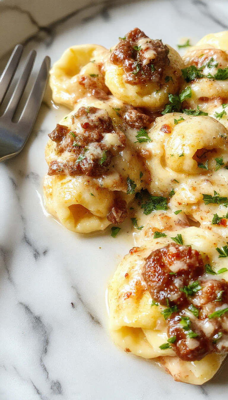 Cheesesteak Tortellini in Creamy Provolone Sauce