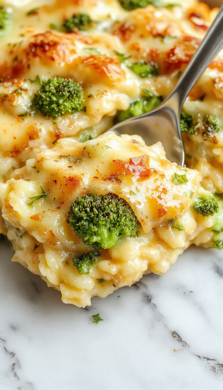 A close-up of a baked Cheesy Broccoli Rice Casserole in a round ceramic dish, featuring a golden-brown cheesy crust, bright green broccoli florets, and fluffy rice peeking through, garnished with fresh herbs around the edges.