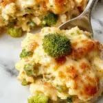 A close-up of a baked cheesy broccoli rice casserole served in a rustic white ceramic dish. The casserole has a golden-brown cheesy crust on top, with vibrant green broccoli florets visible around the edges and creamy rice filling peeking through. The dish is garnished with a sprinkle of chopped herbs, and the surface has a bubbly, slightly crispy texture.