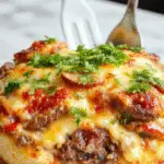 A close-up of a savory casserole dish topped with melted cheese, sliced mushrooms, and bits of ground beef, presented in a rustic baking dish. The casserole has a golden-brown crust around the edges, with bubbling cheese and creamy mushroom sauce visible on the surface, sprinkled with fresh herbs.