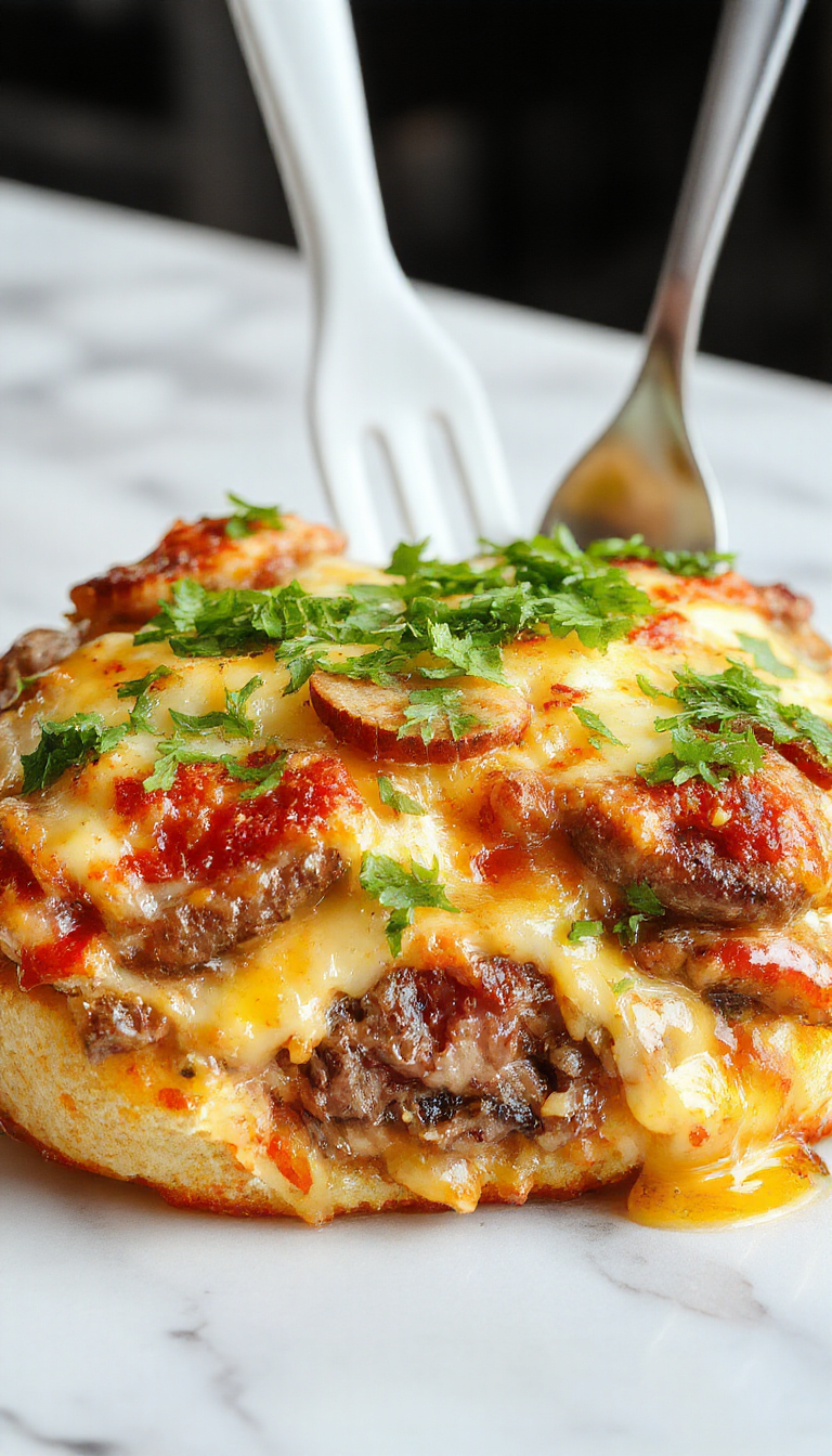 A close-up of a savory casserole dish topped with melted cheese, sliced mushrooms, and bits of ground beef, presented in a rustic baking dish. The casserole has a golden-brown crust around the edges, with bubbling cheese and creamy mushroom sauce visible on the surface, sprinkled with fresh herbs.