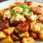 A close-up of a rustic white plate filled with steaming cheesy ranch potatoes topped with sliced smoked sausage. The dish features golden-brown roasted potatoes with melted cheese and green herbs, garnished with fresh chopped parsley, presented on a wooden table with a fork resting nearby.