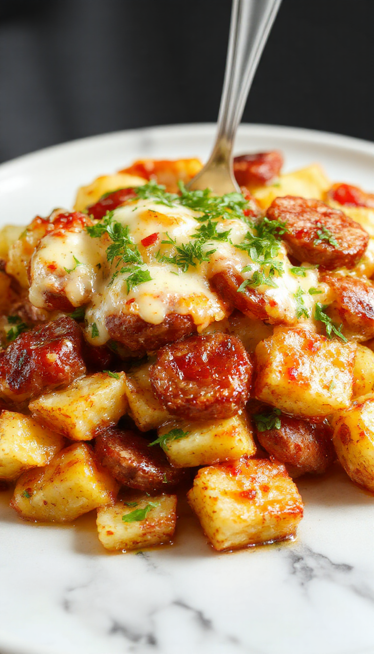 A close-up of a rustic white plate filled with steaming cheesy ranch potatoes topped with sliced smoked sausage. The dish features golden-brown roasted potatoes with melted cheese and green herbs, garnished with fresh chopped parsley, presented on a wooden table with a fork resting nearby.