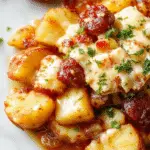 A close-up of a serving of cheesy ranch potatoes topped with slices of smoked sausage and crispy bacon bits, presented in a rustic white bowl. The dish showcases golden-brown roasted potatoes, melted cheese, and fresh green herbs, with sausage slices and bacon adding rich textures and colors, all on a wooden table with a backdrop of fresh herbs and condiments.