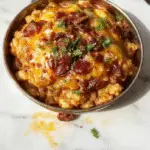 A vibrant skillet dish featuring fluffy rice, seasoned ground beef, melted cheese, and colorful toppings like chopped tomatoes, green onions, and jalapenos, all arranged attractively in a cast iron skillet with a sprinkle of fresh herbs on top.
