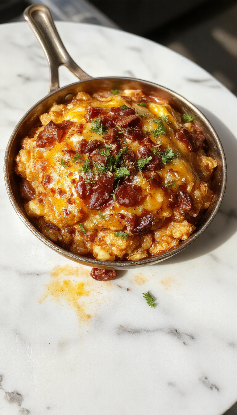 A vibrant skillet dish featuring fluffy rice, seasoned ground beef, melted cheese, and colorful toppings like chopped tomatoes, green onions, and jalapenos, all arranged attractively in a cast iron skillet with a sprinkle of fresh herbs on top.
