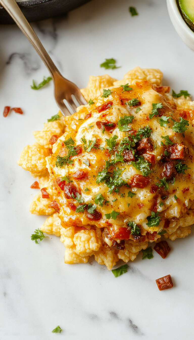 A vibrant, close-up image of a Cheesy Taco Rice Skillet on a rustic wooden table. The skillet is filled with fluffy white rice, seasoned and topped with melted gooey cheese, seasoned ground beef, diced tomatoes, and fresh chopped cilantro. The cheese is bubbling and slightly browned around the edges, with colorful toppings adding visual contrast. In the background, there are lime wedges and a sprinkle of chopped green onions, creating an inviting, hearty meal presentation.