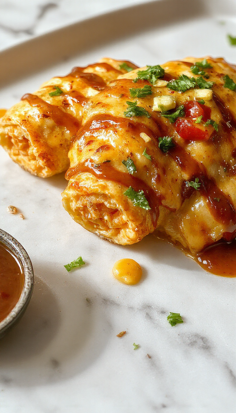 Close-up of golden-brown cheesy taco sticks arranged on a rustic wooden platter. The sticks are coated in melted cheese and topped with diced tomatoes and fresh cilantro, with the flaky pastry visible on the edges. The background features a blurred plate of salsa and lime wedges, enhancing the vibrant colors and inviting appeal.