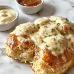 A flaky, golden-brown monkey bread topped with shredded chicken and creamy Alfredo sauce, served in a round baking dish with a crispy crust and gooey centers, garnished with fresh herbs.