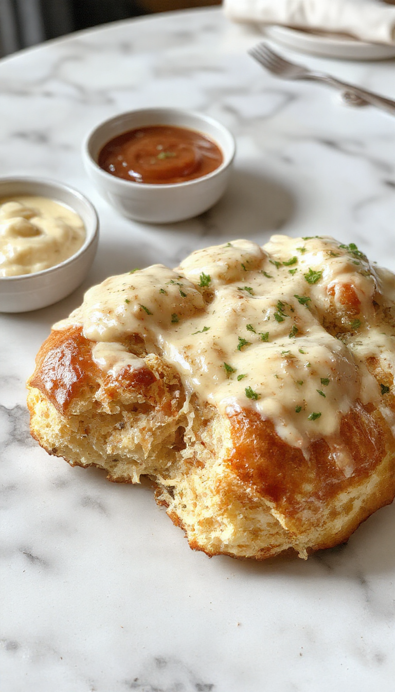 A flaky, golden-brown monkey bread topped with shredded chicken and creamy Alfredo sauce, served in a round baking dish with a crispy crust and gooey centers, garnished with fresh herbs.