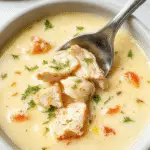 A steaming bowl of Chicken Cordon Bleu Soup with creamy broth, shredded chicken, melted cheese, and crispy breaded chicken pieces garnished with chopped parsley, served on a rustic wooden table.