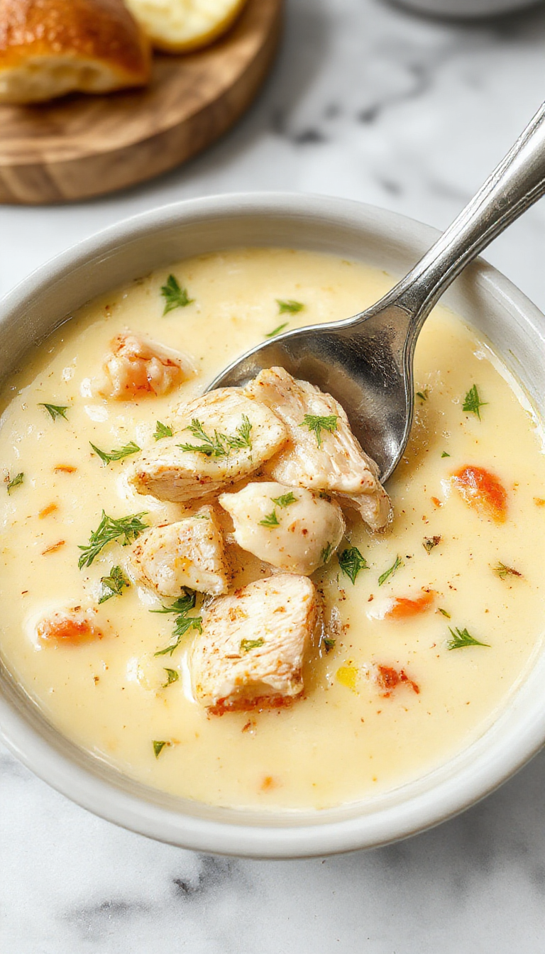 A steaming bowl of Chicken Cordon Bleu Soup with creamy broth, shredded chicken, melted cheese, and crispy breaded chicken pieces garnished with chopped parsley, served on a rustic wooden table.