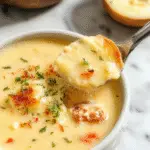 A steaming bowl of Chicken Cordon Bleu Soup with a creamy, cheesy broth, topped with crispy breaded chicken slices, melted cheese, and garnished with fresh herbs, all presented on a rustic wooden table with a side of crusty bread and a sprig of parsley.