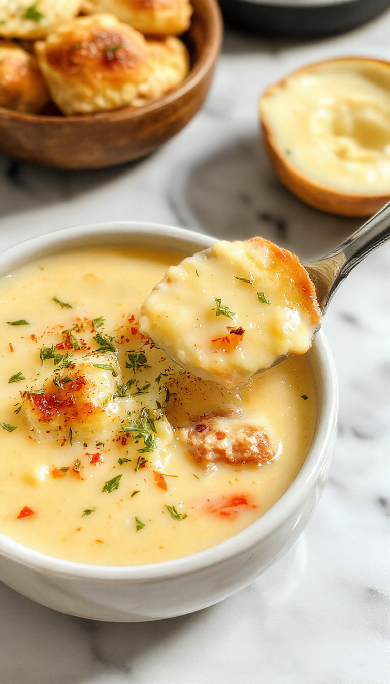 A steaming bowl of Chicken Cordon Bleu Soup with a creamy, cheesy broth, topped with crispy breaded chicken slices, melted cheese, and garnished with fresh herbs, all presented on a rustic wooden table with a side of crusty bread and a sprig of parsley.