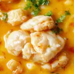 A hearty bowl of chicken dumpling soup featuring tender homemade dumplings floating in a rich, aromatic broth. The soup is garnished with fresh herbs and served in a rustic white bowl on a wooden table, with steam gently rising from the hot liquid.