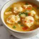 A steaming bowl of chicken dumpling soup garnished with fresh herbs, showcasing tender chicken pieces, fluffy dumplings, and vibrant vegetables in a rich broth, all presented on a rustic wooden table with a sliced loaf of bread and a spoon beside it.