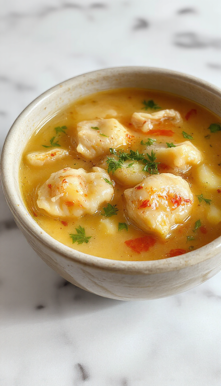 A steaming bowl of chicken dumpling soup garnished with fresh herbs, showcasing tender chicken pieces, fluffy dumplings, and vibrant vegetables in a rich broth, all presented on a rustic wooden table with a sliced loaf of bread and a spoon beside it.