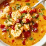 A bowl of vibrant chicken enchilada soup garnished with melted cheese, chopped cilantro, and a slice of lime on the side, with shredded chicken and corn visible through the rich, tomato-based broth. The soup is presented in a rustic white bowl on a wooden surface, with a spoon resting beside it and fresh ingredients like tortillas and chili peppers in the background.