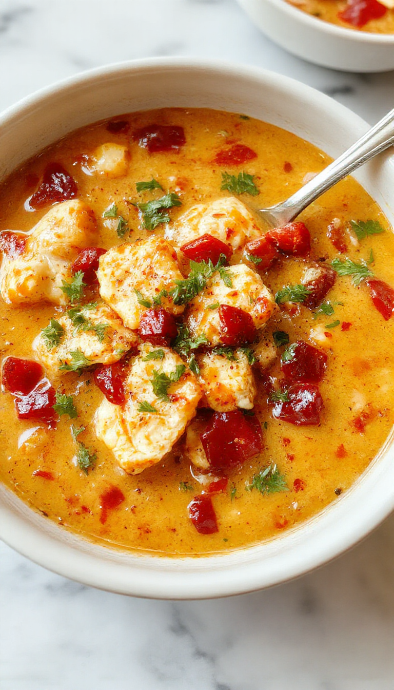 A bowl of vibrant chicken enchilada soup garnished with melted cheese, chopped cilantro, and a slice of lime on the side, with shredded chicken and corn visible through the rich, tomato-based broth. The soup is presented in a rustic white bowl on a wooden surface, with a spoon resting beside it and fresh ingredients like tortillas and chili peppers in the background.
