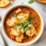 A vibrant bowl of Mexican Enchilada Soup garnished with fresh cilantro, melted cheese, and slices of avocado. The soup has a rich red color from tomatoes and enchilada sauce, with visible chunks of chicken, beans, and corn. The bowl is set on a rustic wooden table with tortilla chips and lime wedges nearby, presenting a warm and appetizing scene.