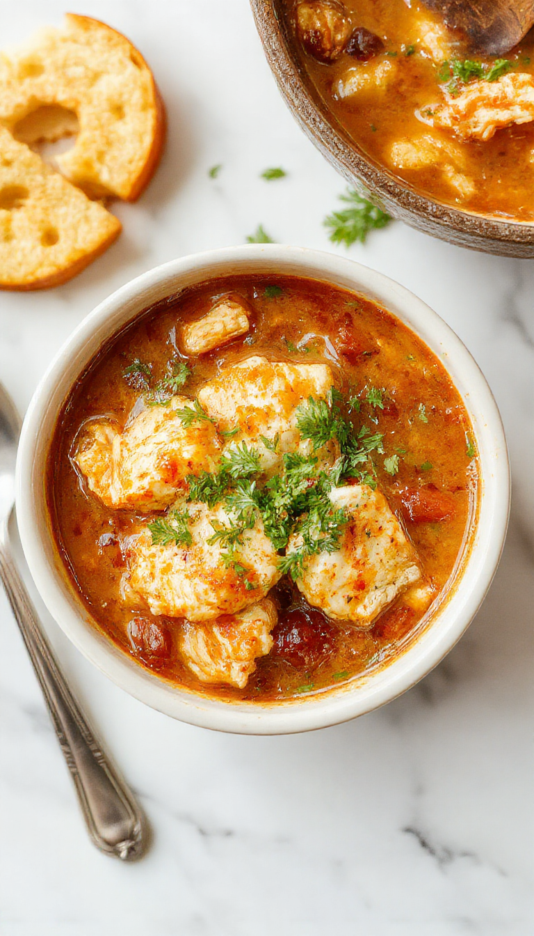 A vibrant bowl of Mexican Enchilada Soup garnished with fresh cilantro, melted cheese, and slices of avocado. The soup has a rich red color from tomatoes and enchilada sauce, with visible chunks of chicken, beans, and corn. The bowl is set on a rustic wooden table with tortilla chips and lime wedges nearby, presenting a warm and appetizing scene.