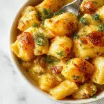 A close-up of a golden-brown chicken pot pie pasta casserole in a white baking dish, topped with flaky crust bits and creamy filling with visible chunks of chicken, vegetables, and noodles. The dish is garnished with fresh herbs and steam rises from the hot, cheesy, savory casserole.