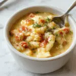 A close-up of a hearty chicken pot pie pasta dish served in a rustic white bowl. The pasta is coated in a creamy sauce with chunks of tender chicken, vegetables, and a golden, flaky crust topping. Garnished with fresh herbs, the vibrant colors and textures highlight the comfort and richness of this flavorful dish.