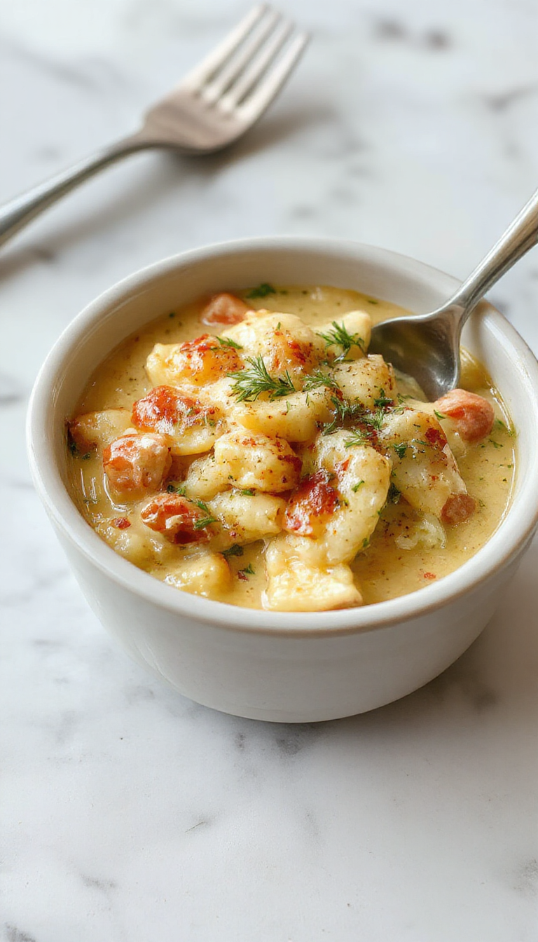 A close-up of a hearty chicken pot pie pasta dish served in a rustic white bowl. The pasta is coated in a creamy sauce with chunks of tender chicken, vegetables, and a golden, flaky crust topping. Garnished with fresh herbs, the vibrant colors and textures highlight the comfort and richness of this flavorful dish.