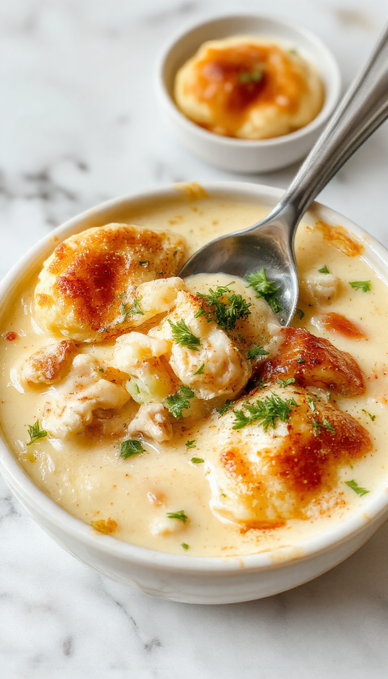 A creamy bowl of chicken pot pie soup garnished with chopped parsley and flaky pie crust crumbles, served alongside a rustic spoon on a neutral-toned surface