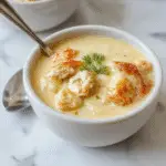 A steaming bowl of chicken pot pie soup garnished with chopped herbs, showcasing chunks of tender chicken, carrots, peas, and potatoes in a creamy broth, surrounded by a rustic wooden table and a spoon resting beside the bowl.