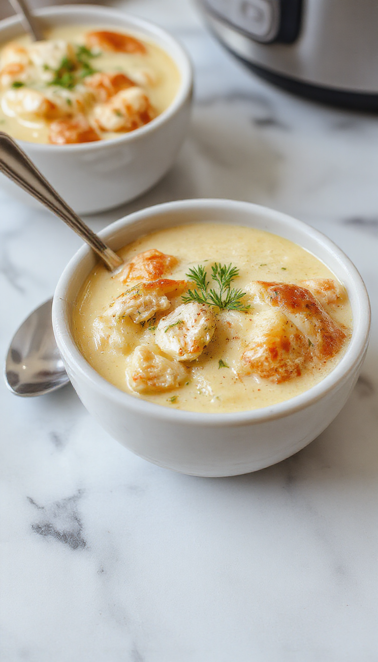 A steaming bowl of chicken pot pie soup garnished with chopped herbs, showcasing chunks of tender chicken, carrots, peas, and potatoes in a creamy broth, surrounded by a rustic wooden table and a spoon resting beside the bowl.