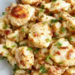 A hearty chicken wild rice casserole served in a rustic white baking dish. The casserole features golden-brown baked cheese on top with hints of sautéed vegetables and chunks of tender chicken visible through a creamy rice base. The dish is garnished with fresh herbs and presented on a wooden table with a side of fresh greens and a spoon ready for serving.