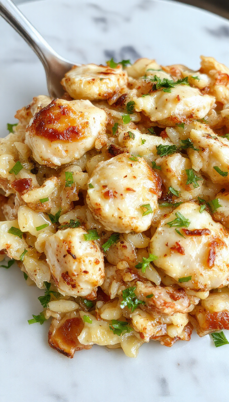 A hearty chicken wild rice casserole served in a rustic white baking dish. The casserole features golden-brown baked cheese on top with hints of sautéed vegetables and chunks of tender chicken visible through a creamy rice base. The dish is garnished with fresh herbs and presented on a wooden table with a side of fresh greens and a spoon ready for serving.