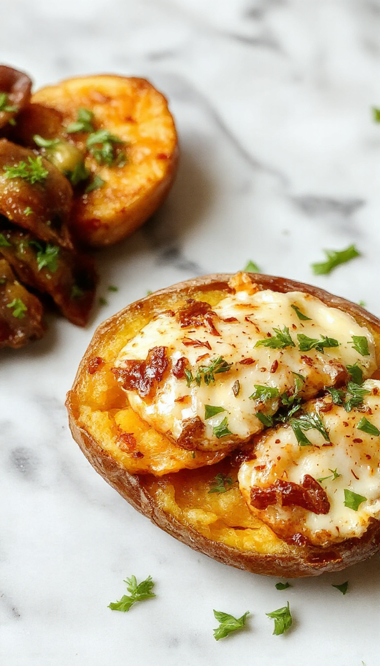A close-up of a creamy scalloped sweet potato casserole topped with melted, golden-brown Gouda cheese. The dish is served in a rustic ceramic bowl with a scoop revealing layered, tender sweet potato slices enveloped in a rich, cheesy sauce. The vibrant orange of the sweet potatoes contrasts beautifully with the bubbly, browned top, garnished with a sprinkle of chopped herbs.