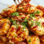A close-up of a ceramic baking dish filled with creamy scalloped sweet potatoes topped with a bubbly, golden-brown layer of melted Gouda cheese. The sweet potatoes are sliced evenly and layered with a rich cheese sauce, garnished with a sprinkle of fresh herbs around the edges. The dish is placed on a rustic wooden table, with a serving spoon resting beside it.