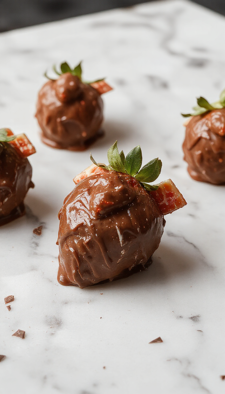A festive plate featuring two chocolate-covered strawberries shaped like turkeys, with a drizzle of dark chocolate over bright red strawberries. The turkeys are decorated with tiny candy eyes and candy corn as beak and feathers, set on a decorative Thanksgiving-themed table with autumn leaves and small gourds in the background.