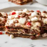 A layered chocolate peppermint lasagna dessert served on a white platter. The dessert features smooth, glossy chocolate layers topped with crushed peppermint candies and a generous drizzle of white chocolate. The sides reveal distinct layers of rich chocolate and creamy filling, with a festive red and green peppermint garnish in the background.