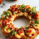A festive Christmas wreath-shaped cheese ball covered in shredded cheese, adorned with cherry tomato accents mimicking holly berries, set on a white platter with greenery and holiday decorations in the background.