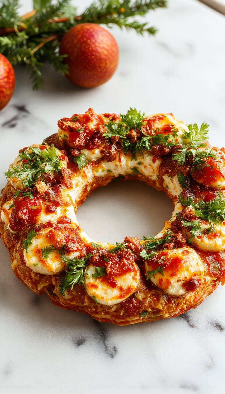 A festive Christmas wreath-shaped cheese ball covered in shredded cheese, adorned with cherry tomato accents mimicking holly berries, set on a white platter with greenery and holiday decorations in the background.