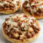 A close-up of a French Onion Beef Sloppy Joe sandwich showing a toasted bun filled with tender ground beef smothered in caramelized onions and melted cheese, garnished with herbs, with a side of crispy fries and a small bowl of extra onion gravy.