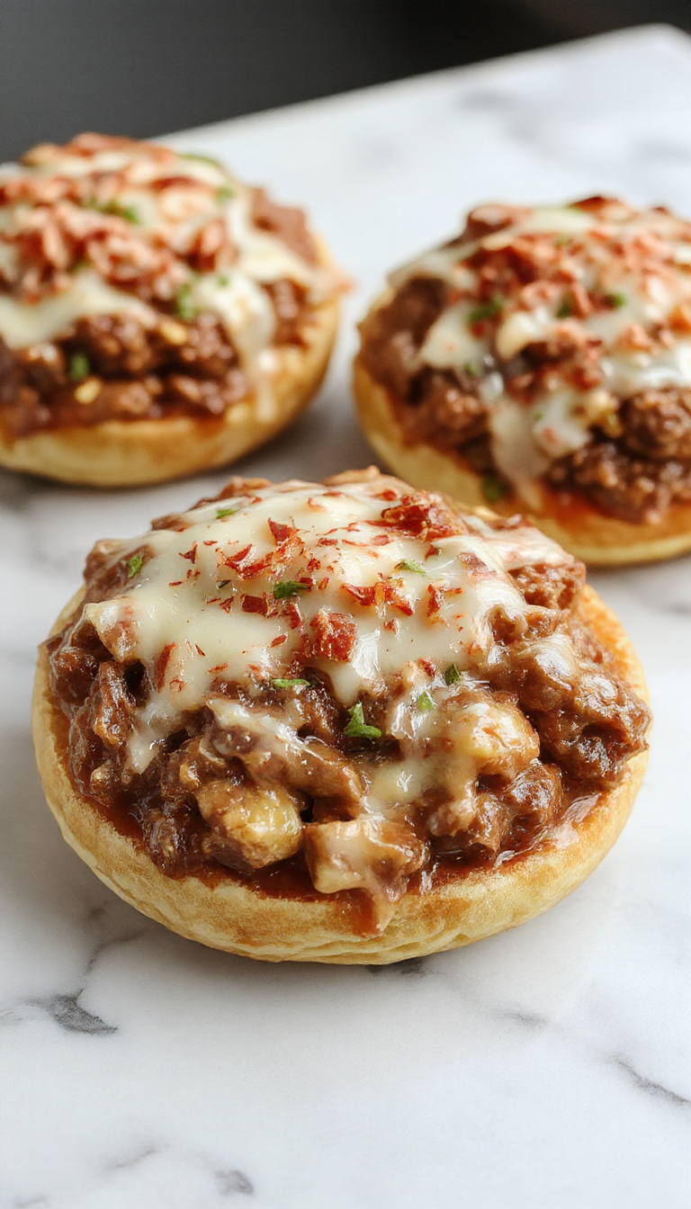 A close-up of a French Onion Beef Sloppy Joe sandwich showing a toasted bun filled with tender ground beef smothered in caramelized onions and melted cheese, garnished with herbs, with a side of crispy fries and a small bowl of extra onion gravy.
