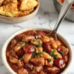 A rustic bowl filled with hearty cowboy baked beans, topped with crispy bacon bits and garnished with chopped green peppers. The beans are rich and glossy, with a tomato-based sauce, surrounded by fresh herbs and a wooden spoon for serving.