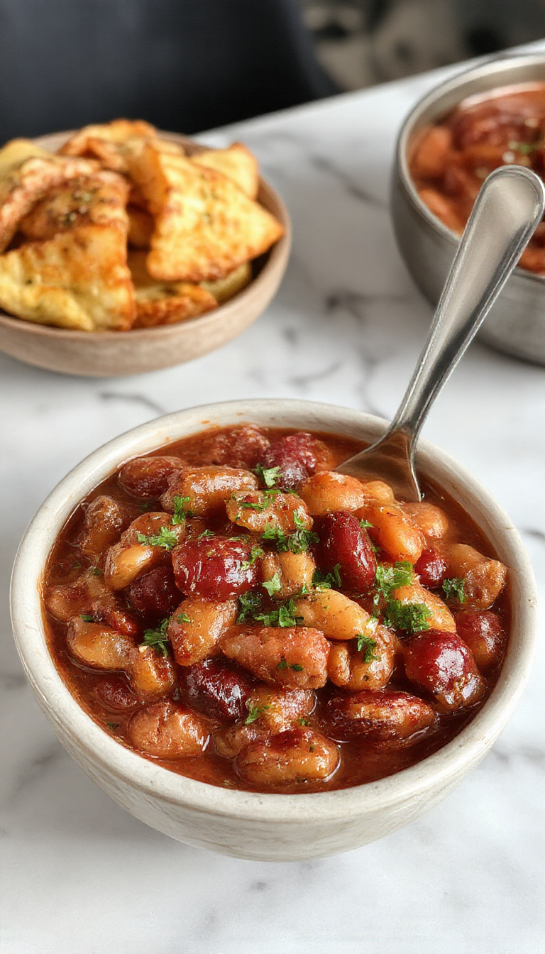 A rustic bowl filled with hearty cowboy baked beans, topped with crispy bacon bits and garnished with chopped green peppers. The beans are rich and glossy, with a tomato-based sauce, surrounded by fresh herbs and a wooden spoon for serving.