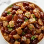 A rustic bowl of Cowboy Beans featuring rich, sticky baked beans topped with crispy bacon bits, diced ground beef, and colorful peppers, garnished with chopped herbs. The dish is served in a vintage-style earthenware bowl on a wooden table, with a side of slices of crusty bread and a fork resting nearby.