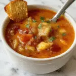 A rustic bowl of Cowboy Soup featuring chunks of tender beef, vibrant diced vegetables like carrots, celery, and potatoes, topped with fresh herbs. The soup is rich and steaming, served in a rustic, textured bowl on a wooden surface with a garnish of chopped parsley for color.