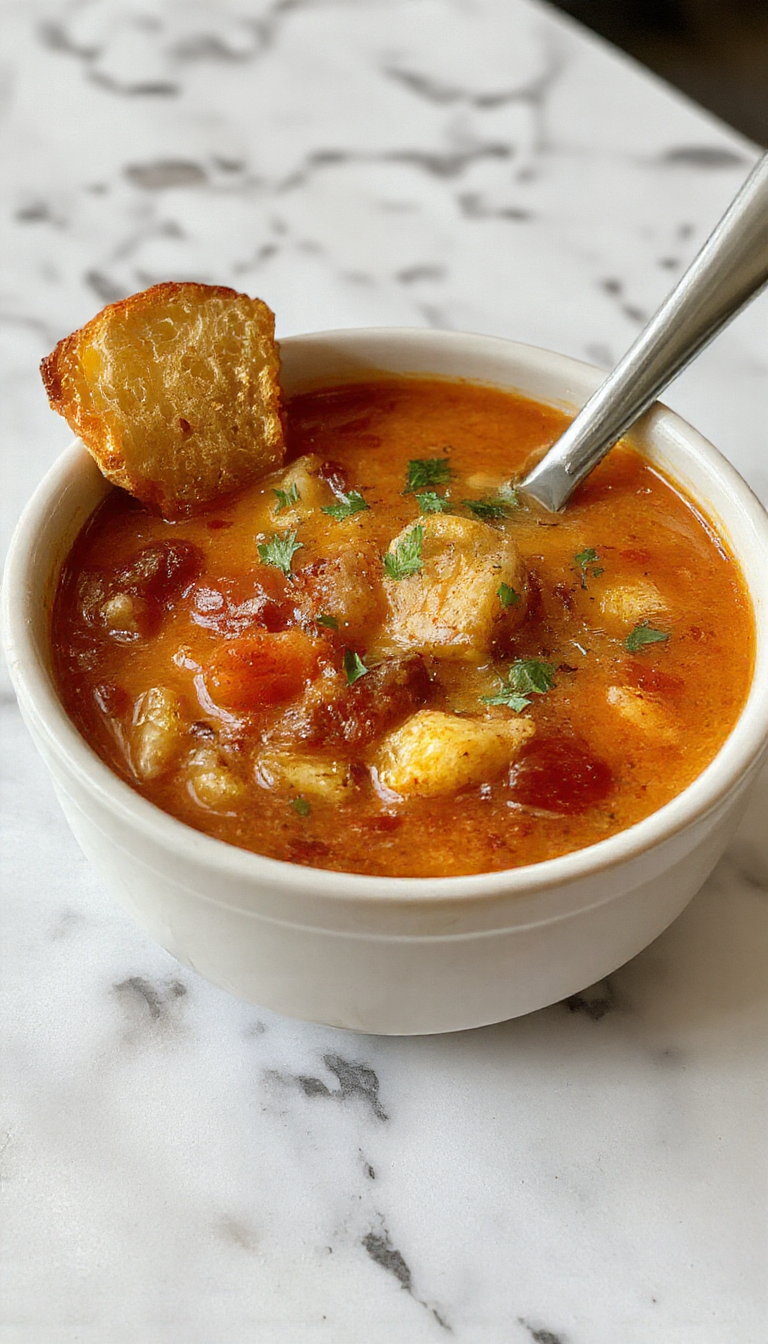 A rustic bowl of Cowboy Soup featuring chunks of tender beef, vibrant diced vegetables like carrots, celery, and potatoes, topped with fresh herbs. The soup is rich and steaming, served in a rustic, textured bowl on a wooden surface with a garnish of chopped parsley for color.